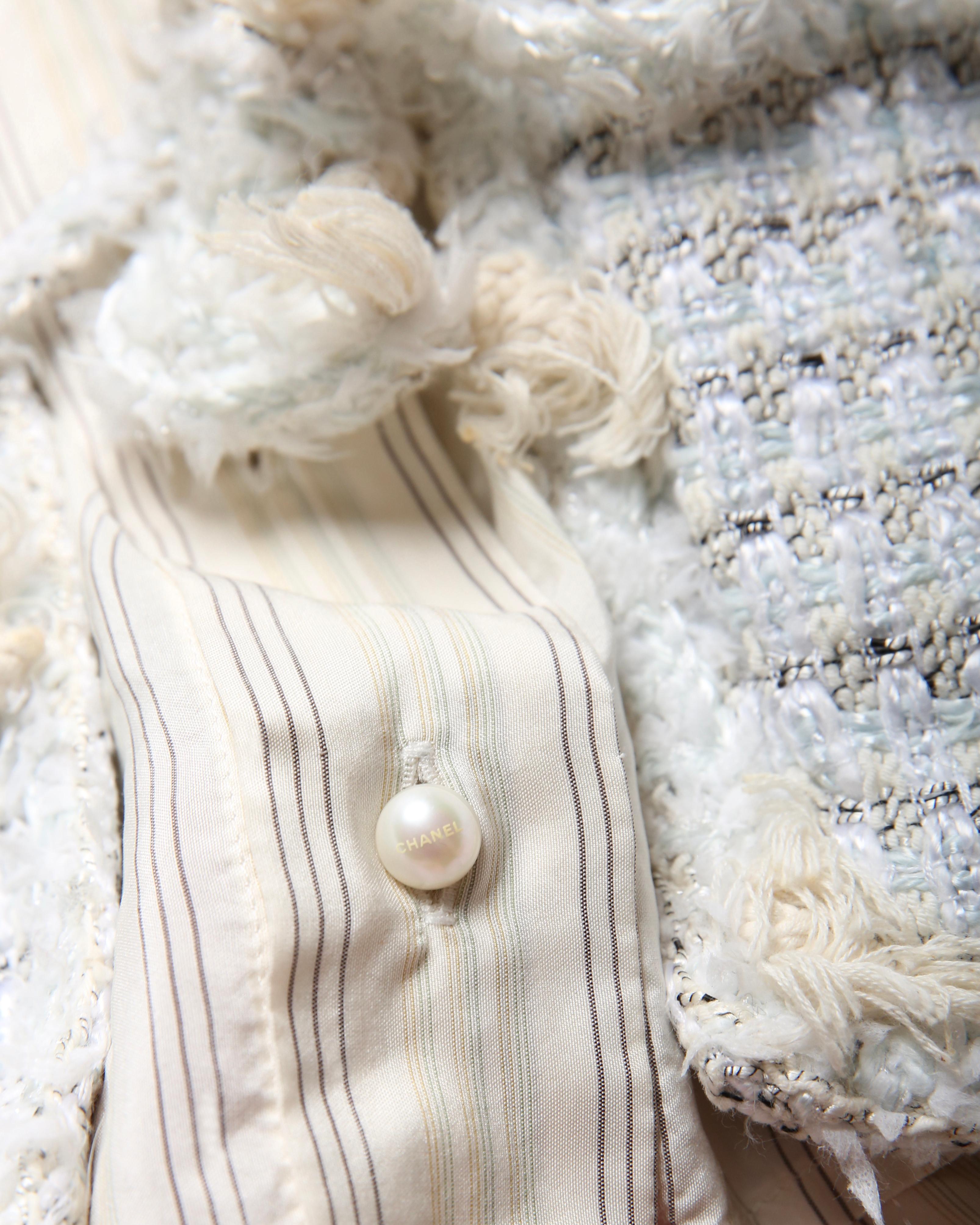 Donna Chanel 2005 blu bianco nero tweed seta a righe camicetta abito giacca blazer 34 in vendita