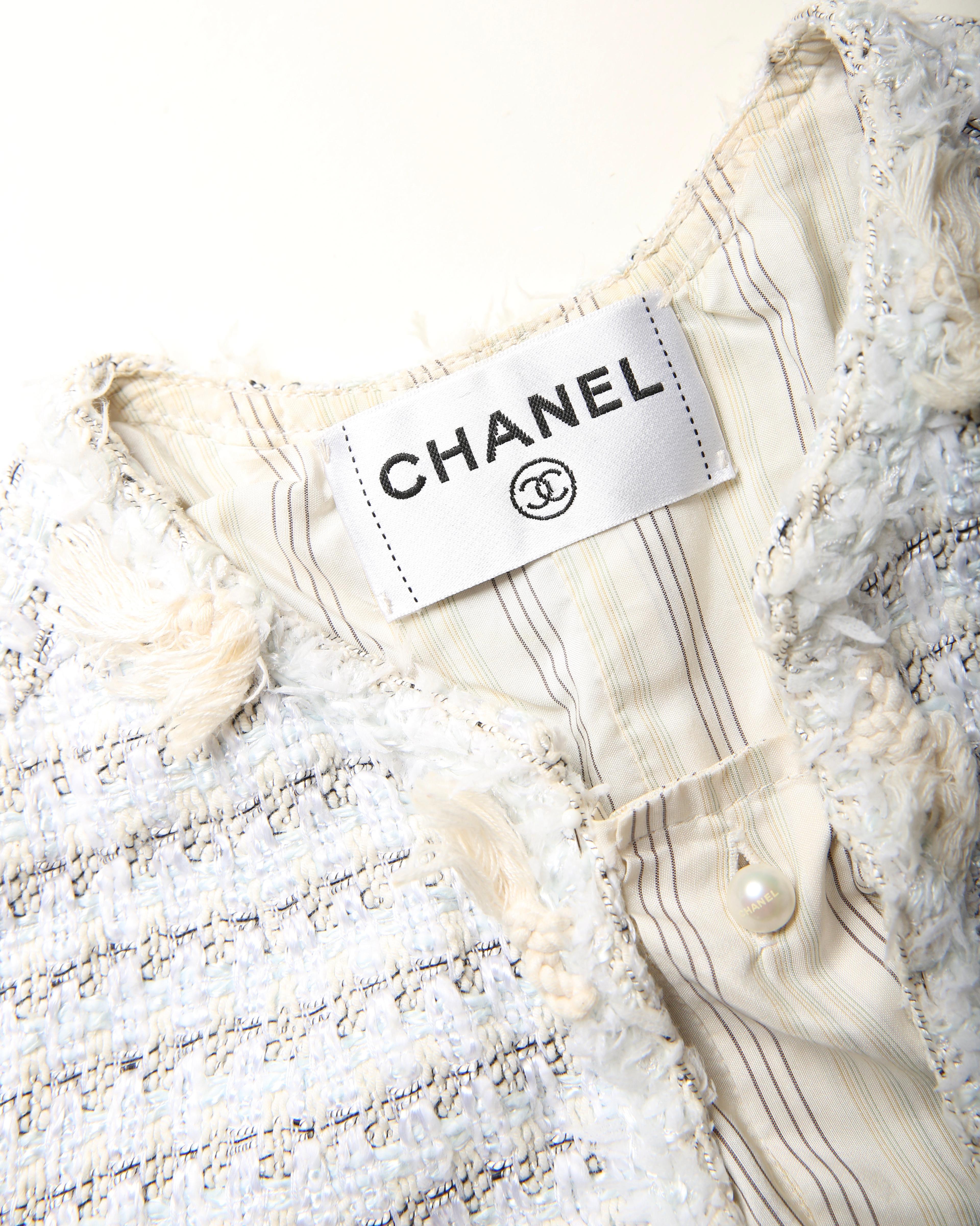 Gray Chanel blue white black tweed silk stripe blouse fringe dress jacket blazer 34 For Sale
