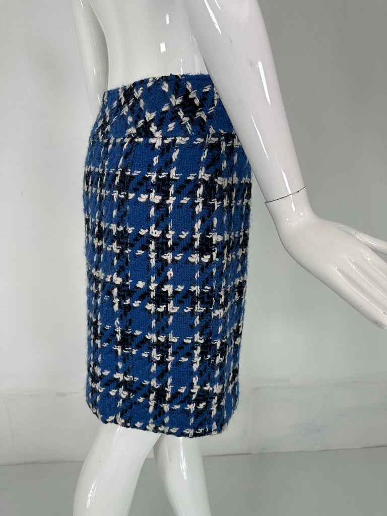 Chanel Blue White and Black Woven Wool Plaid 3 Button Front Vent Skirt 2001  For Sale at 1stDibs