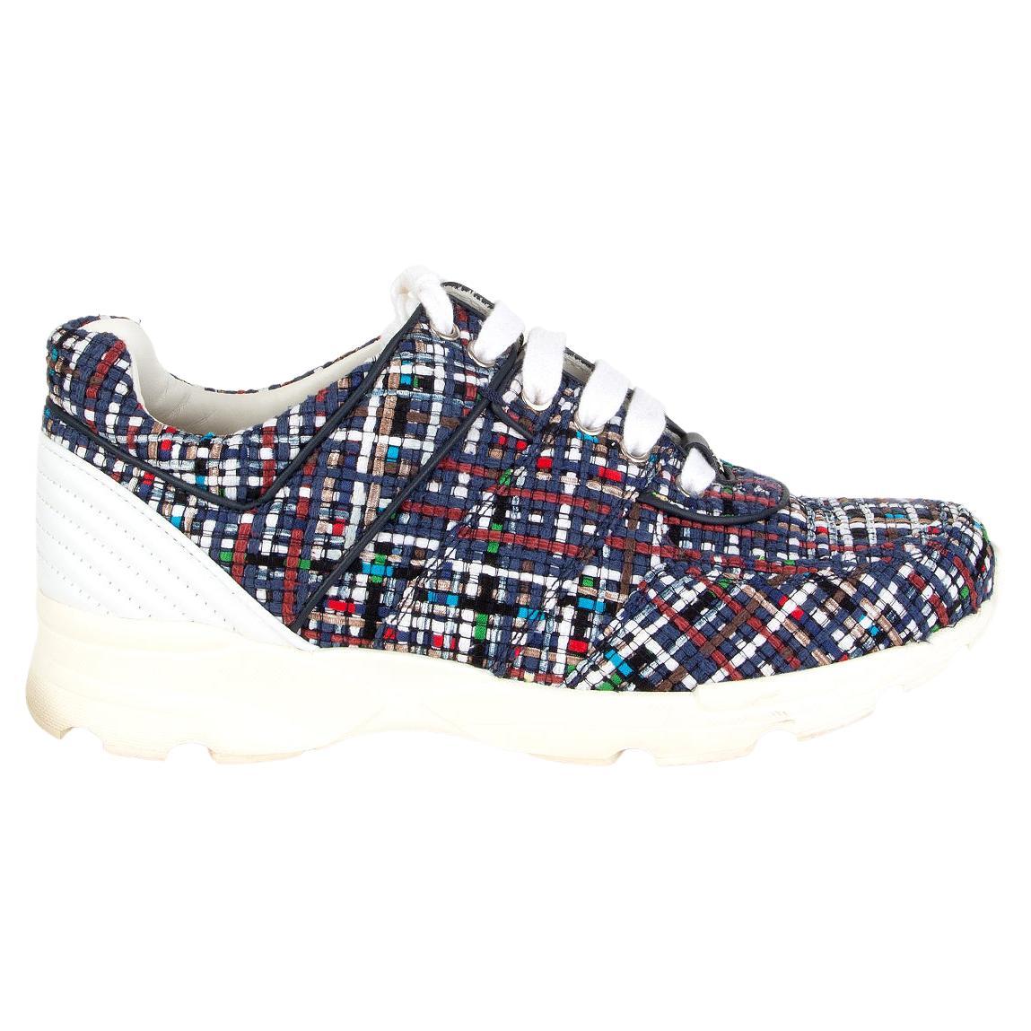 CHANEL blue white BOULCE TWEED Sneakers Shoes 38.5 For Sale