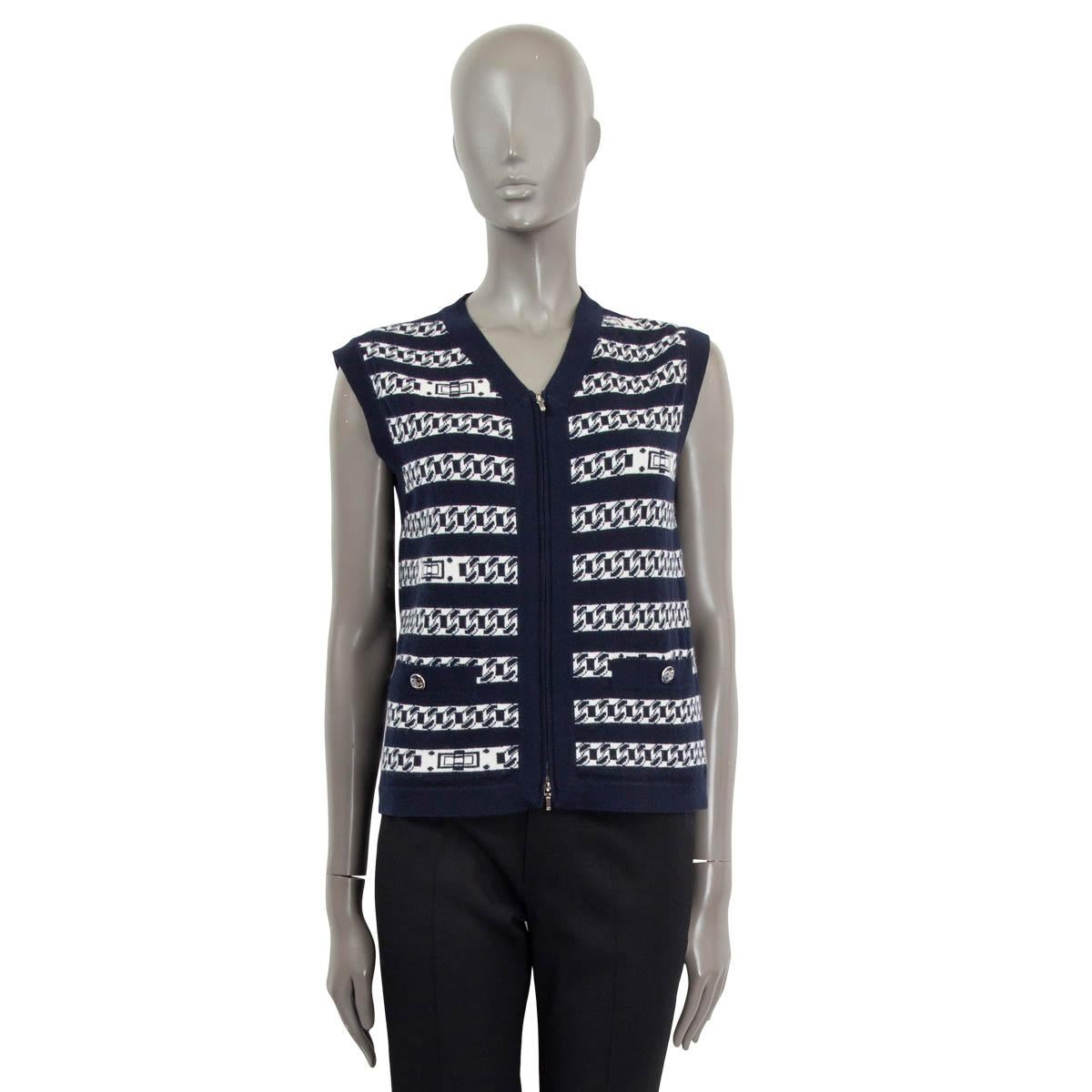Black CHANEL blue & white cashmere 2017 ZIP FRONT Cardigan Vest Sweater 36 XS 17P For Sale