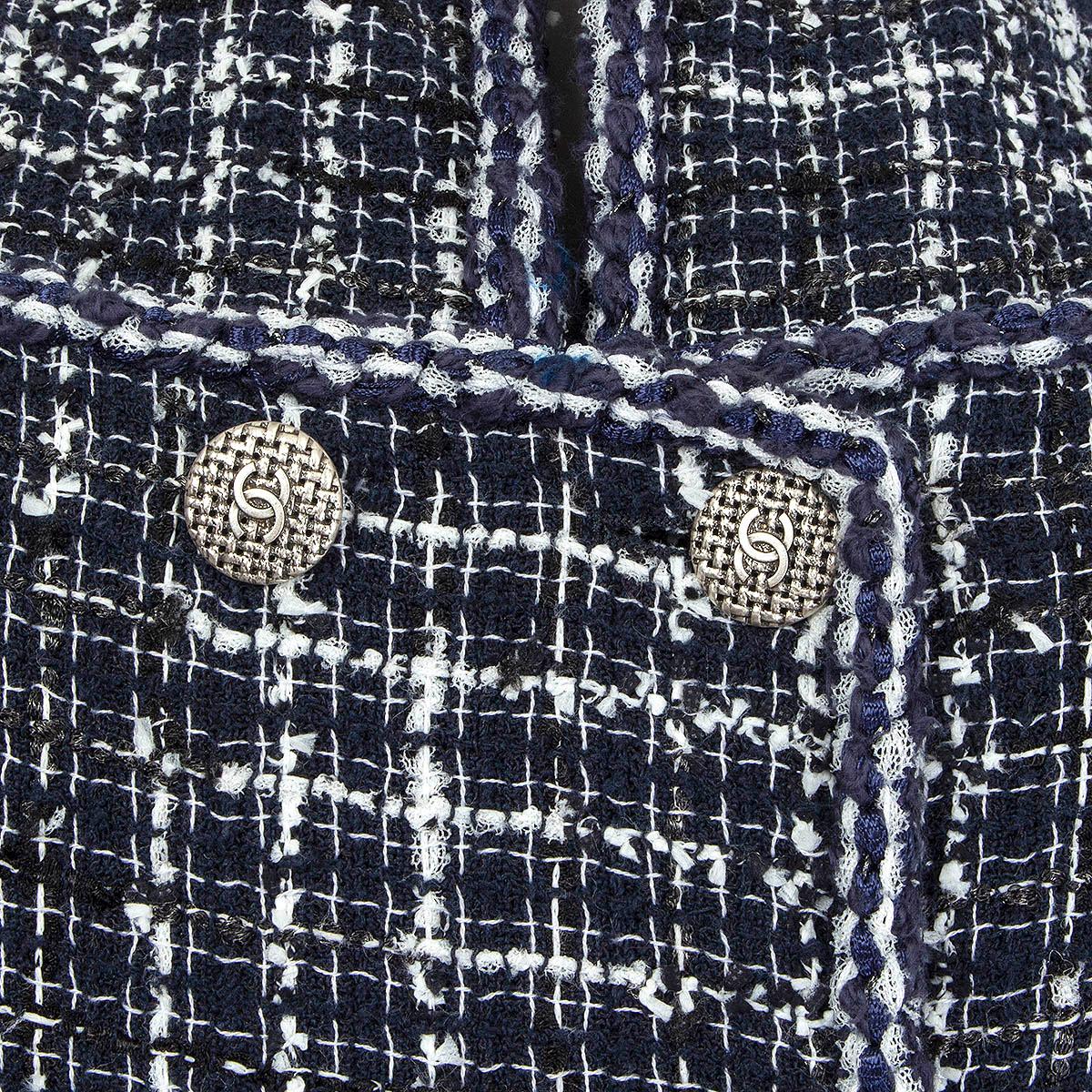 Women's CHANEL blue white cotton 2014 DOUBLE BREASTED TWEED Blazer Jacket M