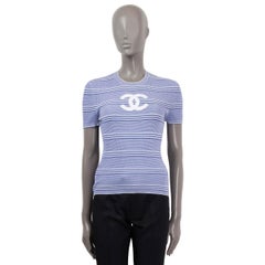 CHANEL blue & white cotton 2019 19C LA PAUSA Knit T-Shirt Shirt 38 S