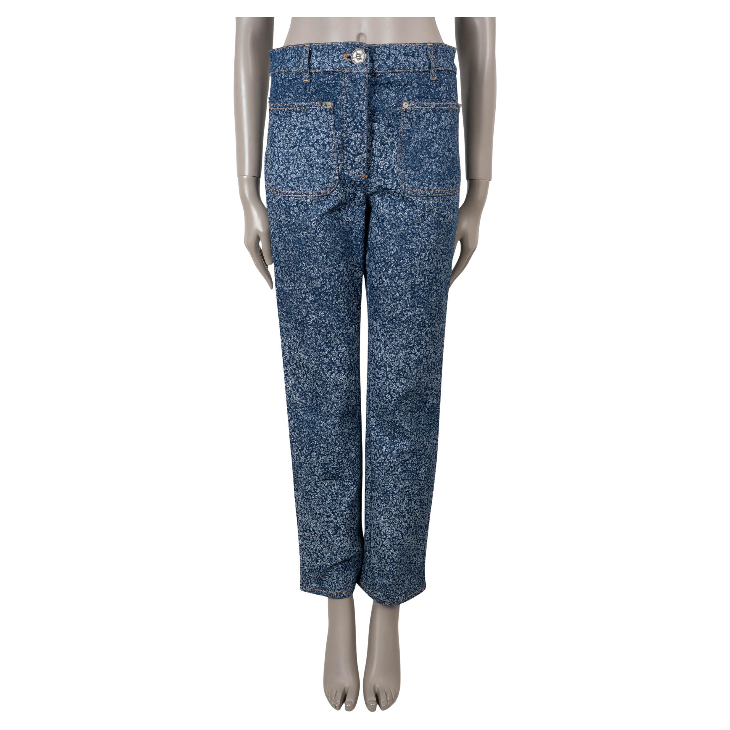 CHANEL algodón azul y blanco 21B CAMELLIA JEANS RECTO Pantalón 38 S