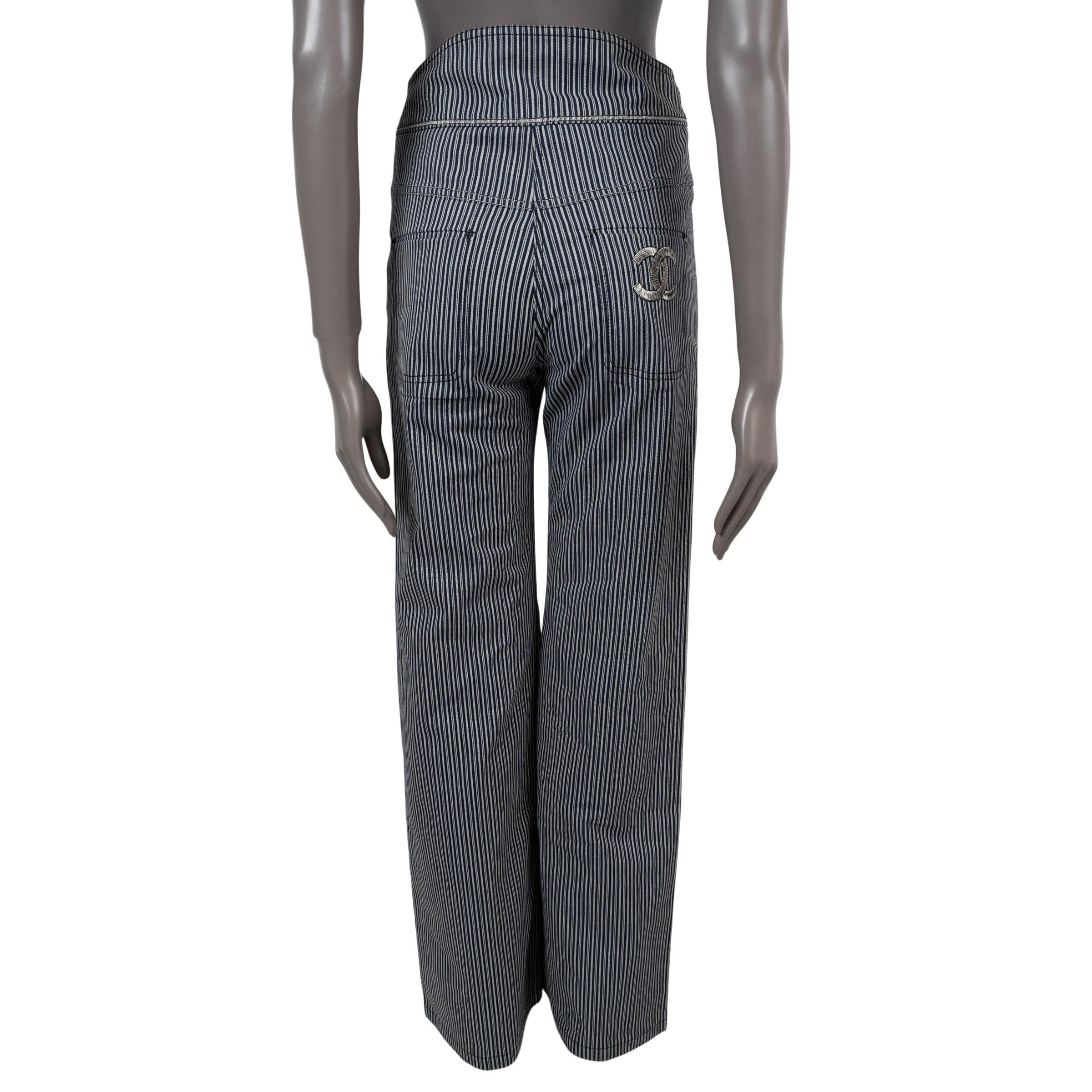 Black CHANEL blue & white cotton denim 2008 08C LA STRIPED WIDE JEANS Pants 36 XS For Sale