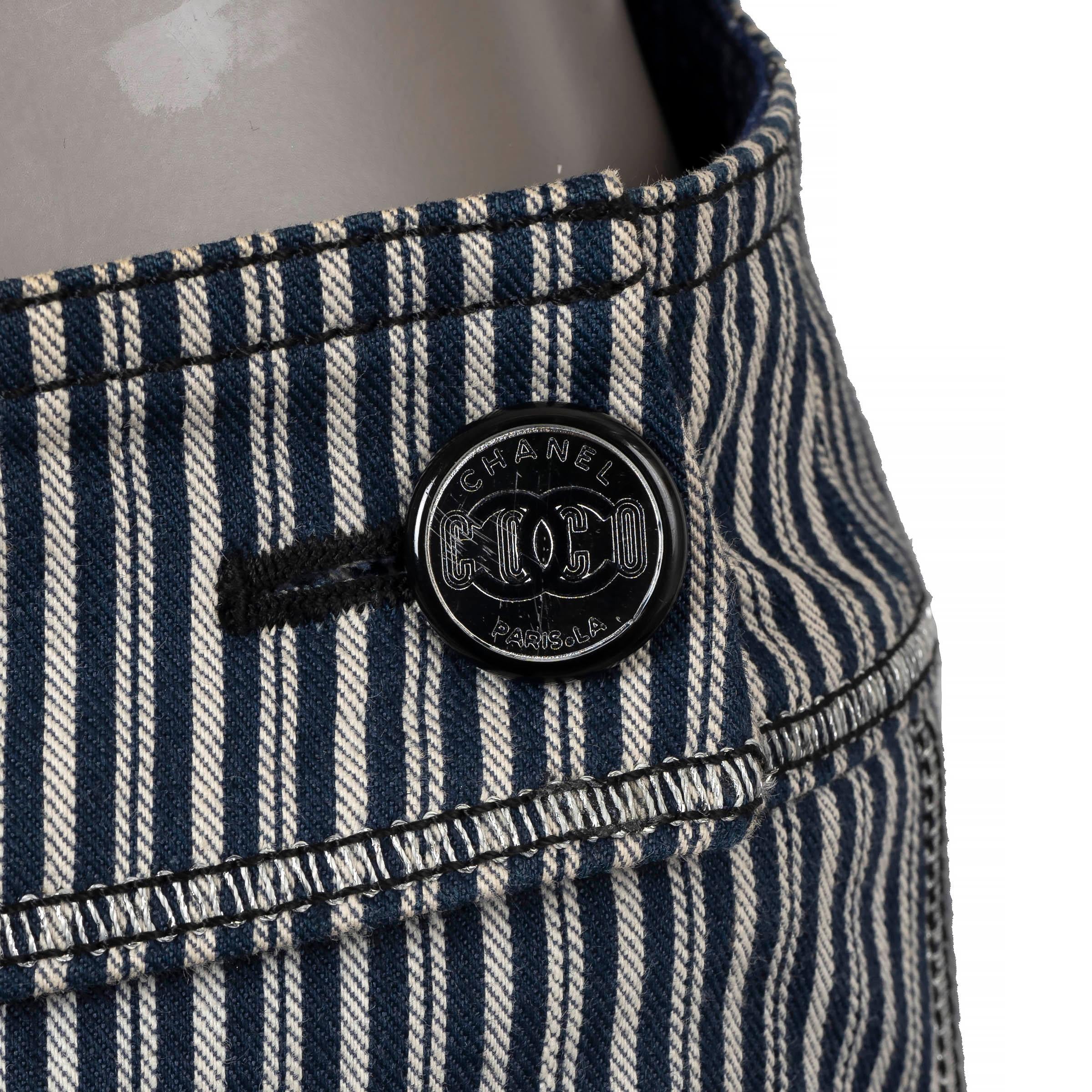 CHANEL blue & white cotton denim 2008 08C LA STRIPED WIDE JEANS Pants 36 XS For Sale 1