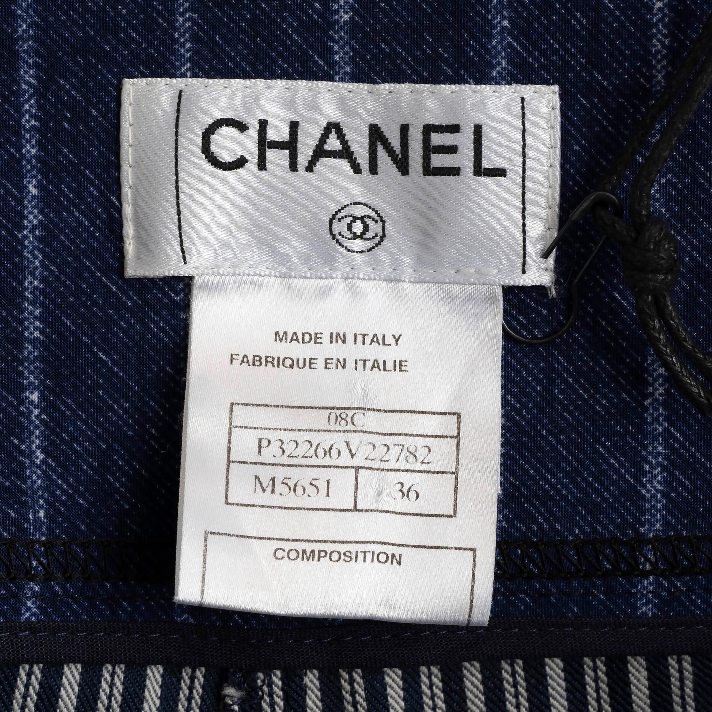 CHANEL blue & white cotton denim 2008 08C LA STRIPED WIDE JEANS Pants 36 XS For Sale 3