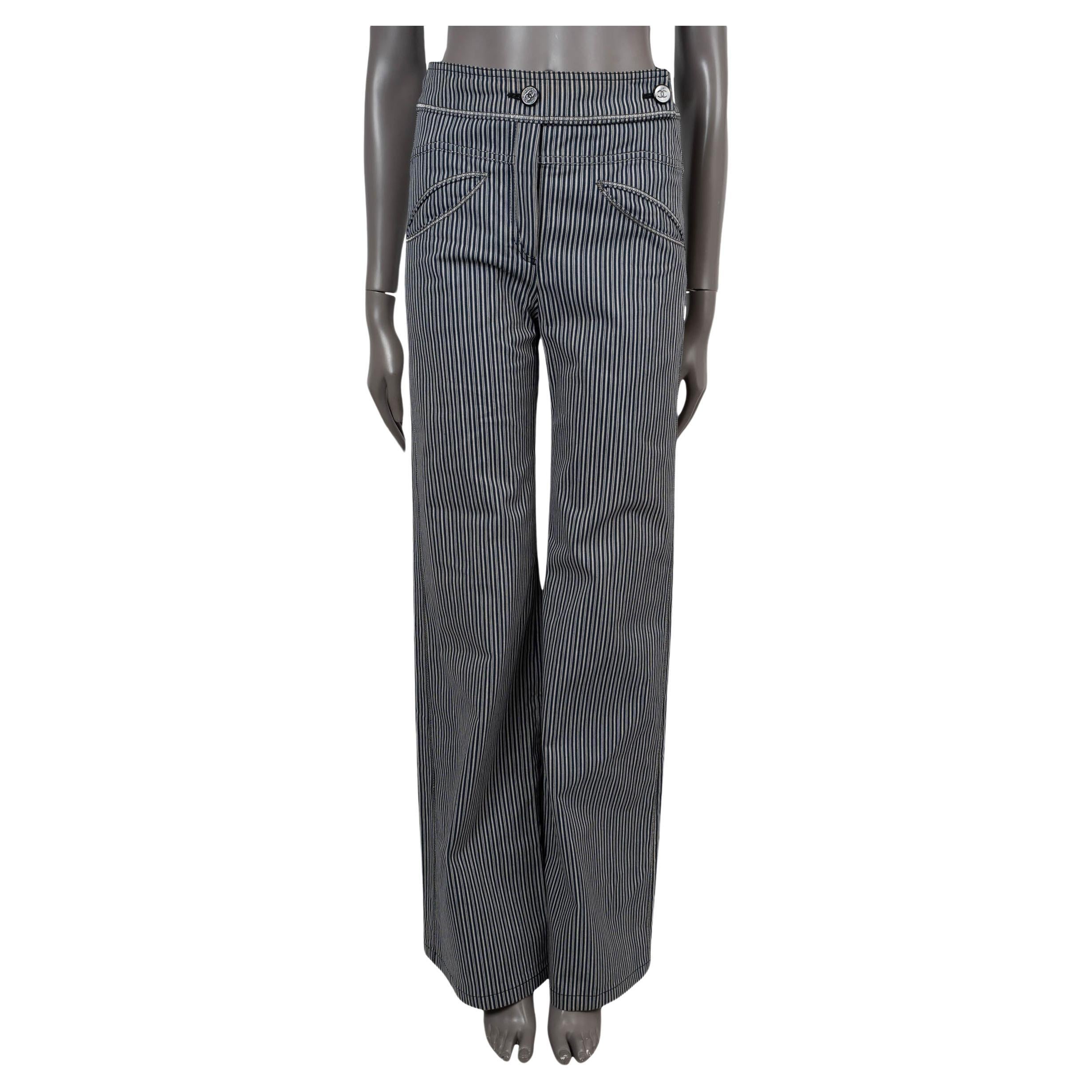 CHANEL blue & white cotton denim 2008 08C LA STRIPED WIDE JEANS Pants 36 XS