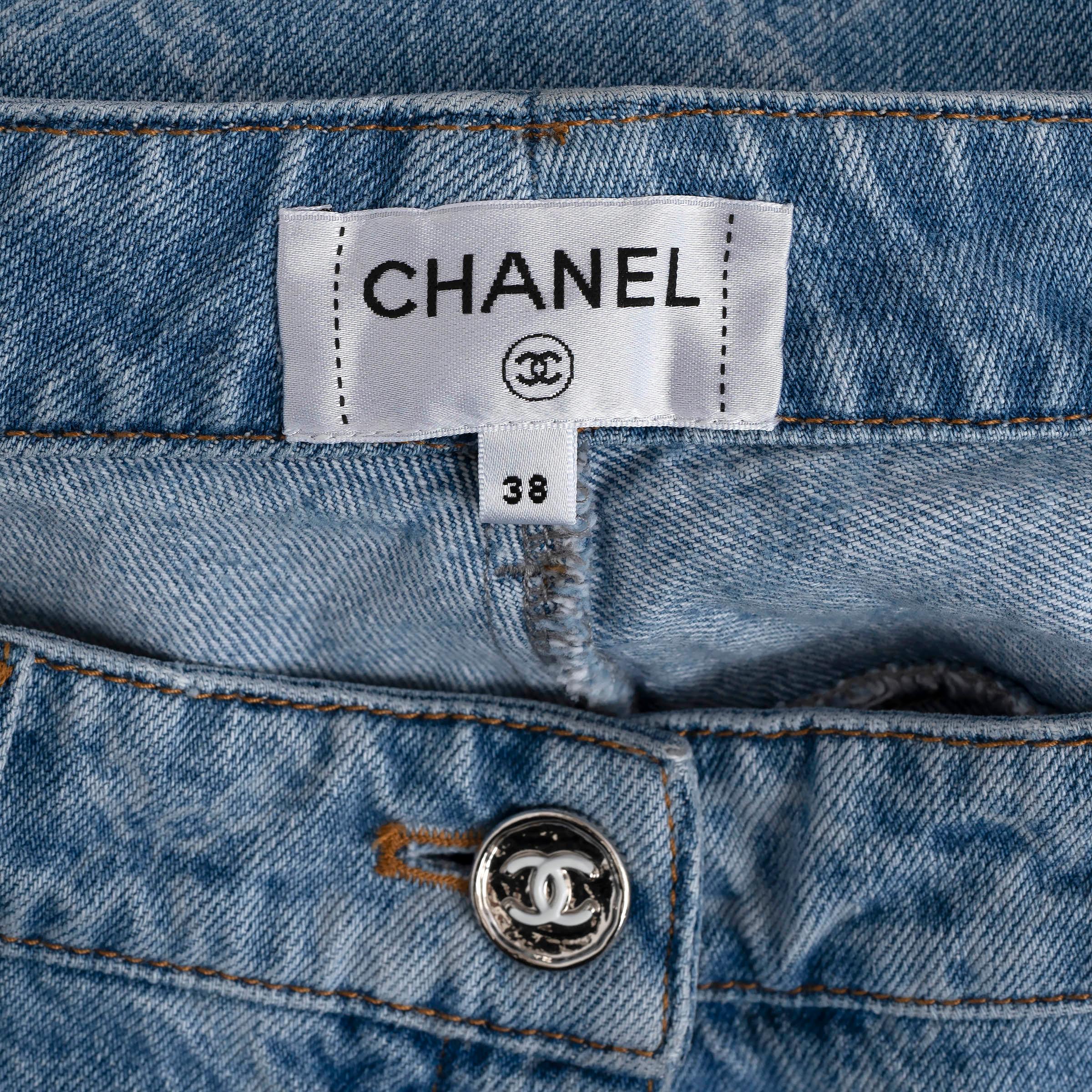 CHANEL Blau-weiße Baumwoll-Denim-Hose aus Baumwolle 2023 23A DAKAR LOGO WIDE JEANS 38 S 1