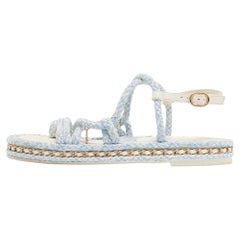 Chanel Blue/White Knit Fabric Interlocking CC Logo Slingback Sandals Size 42