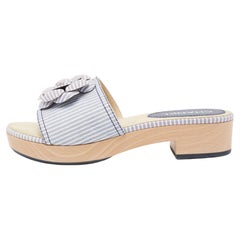 Chanel Blue/White Leather CC Flower Platform Slide Sandals Size 39