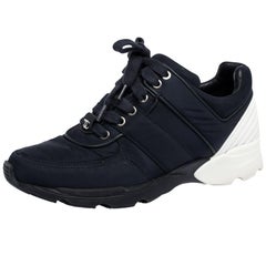 Chanel Blue/White Nylon And Leather Lace Up Sneakers Size 37.5