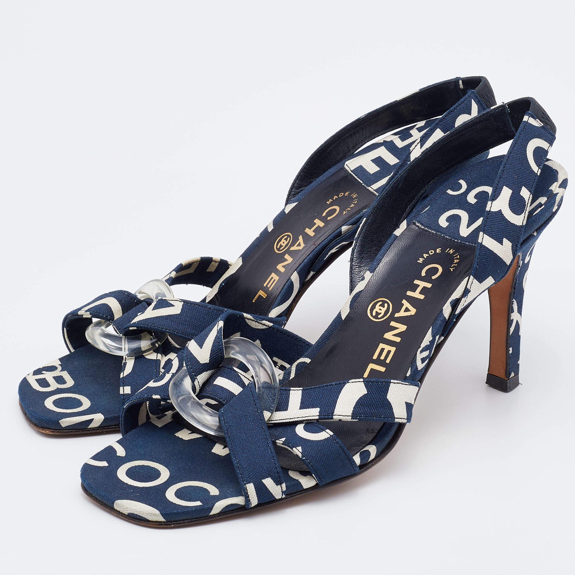 Women's Chanel Blue/White Printed Canvas Slingback Sandals Size 37