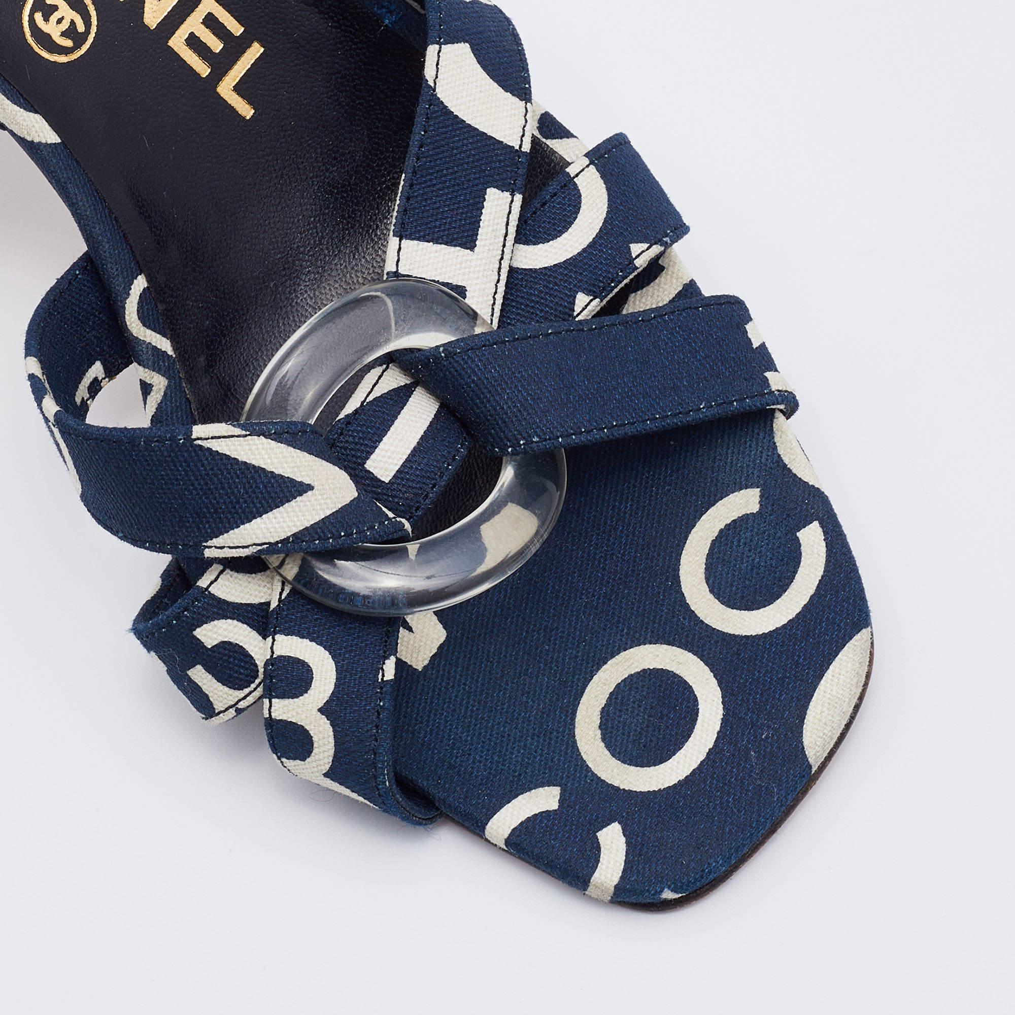 Chanel Blue/White Printed Canvas Slingback Sandals Size 37 1