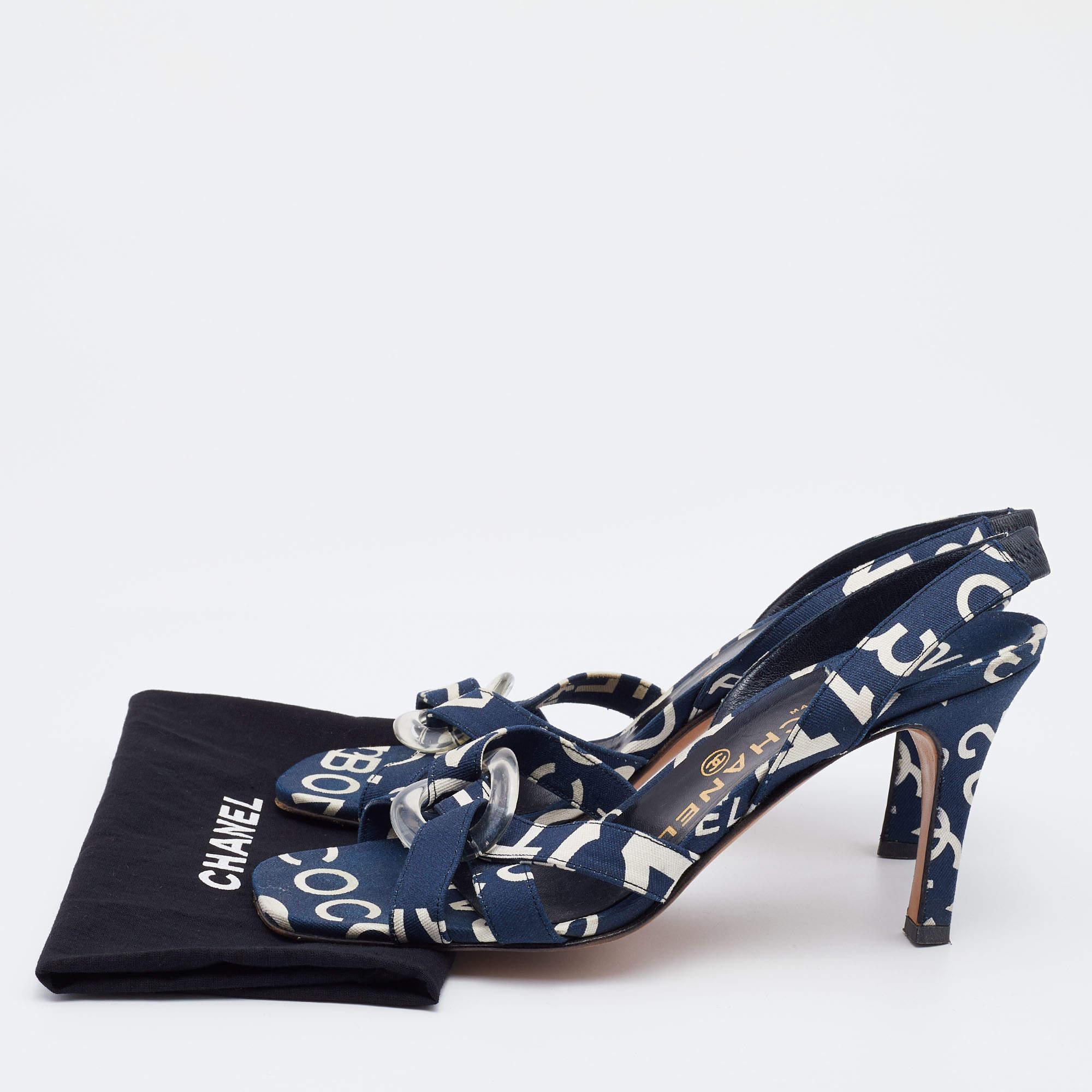 Chanel Blue/White Printed Canvas Slingback Sandals Size 37 3