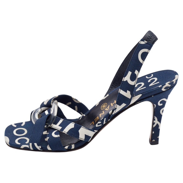 Chanel Blue/White Printed Canvas Slingback Sandals Size 37 For Sale at  1stDibs