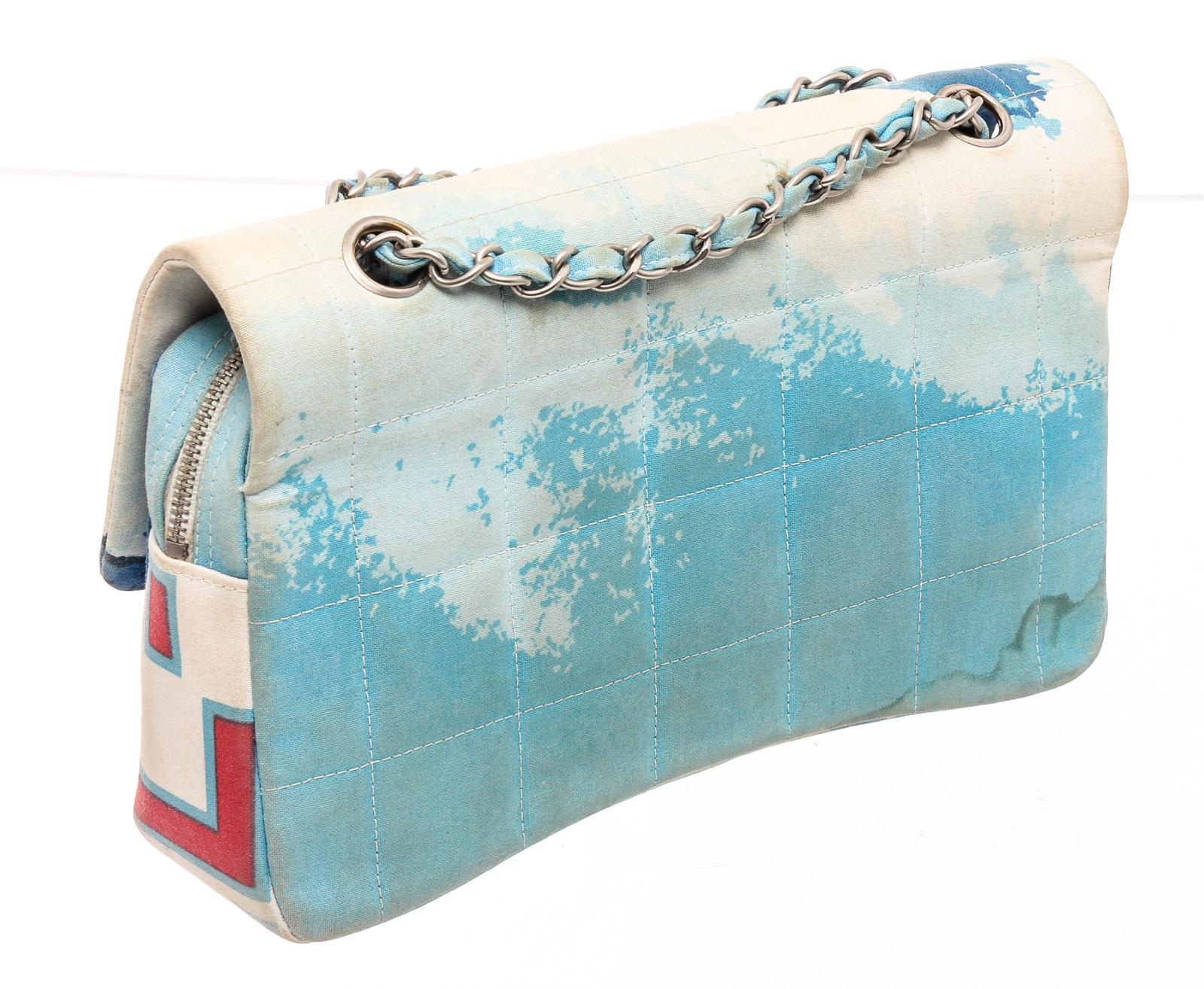 Gray Chanel Blue White Quilted Canvas Beach Surf Flap Bag