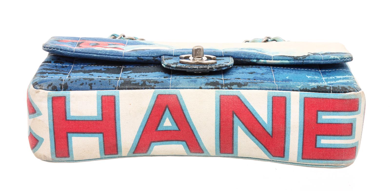 Women's or Men's Chanel Blue White Quilted Canvas Beach Surf Flap Bag