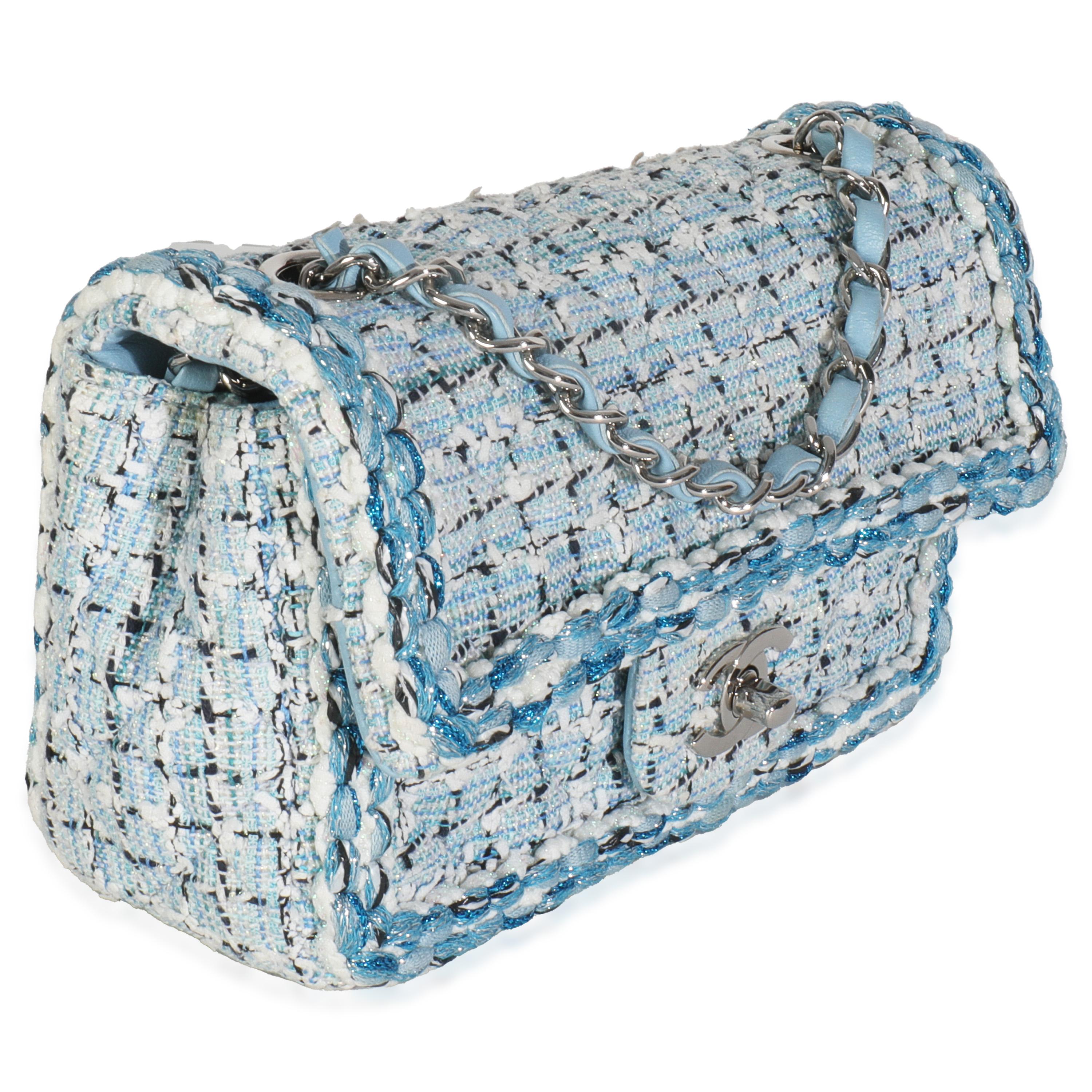 Bleu Chanel Blue White Quilted Metallic Tweed Braided Mini Rectangular Flap Bag en vente