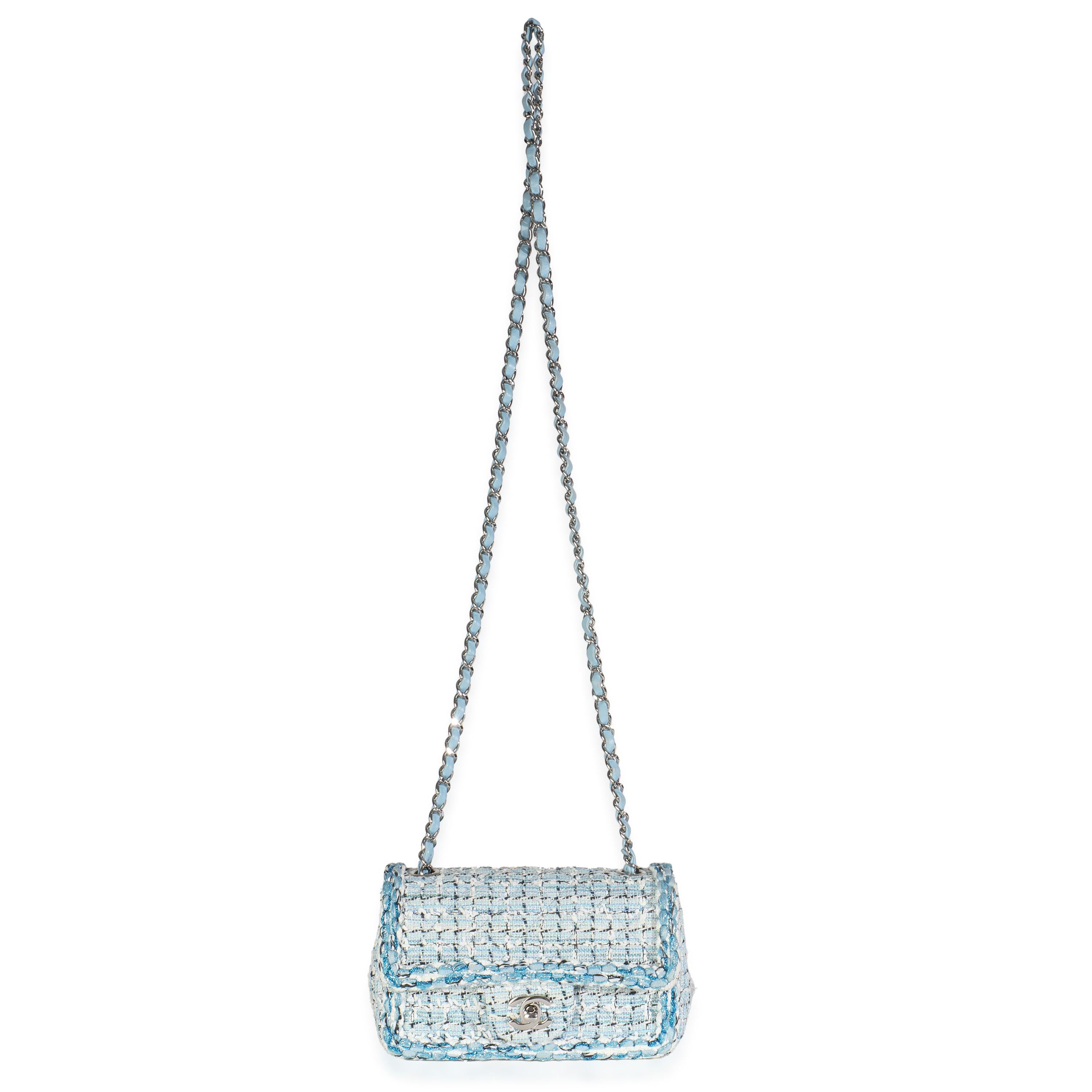 Chanel Blue White Quilted Metallic Tweed Braided Mini Rectangular Flap Bag en vente 1