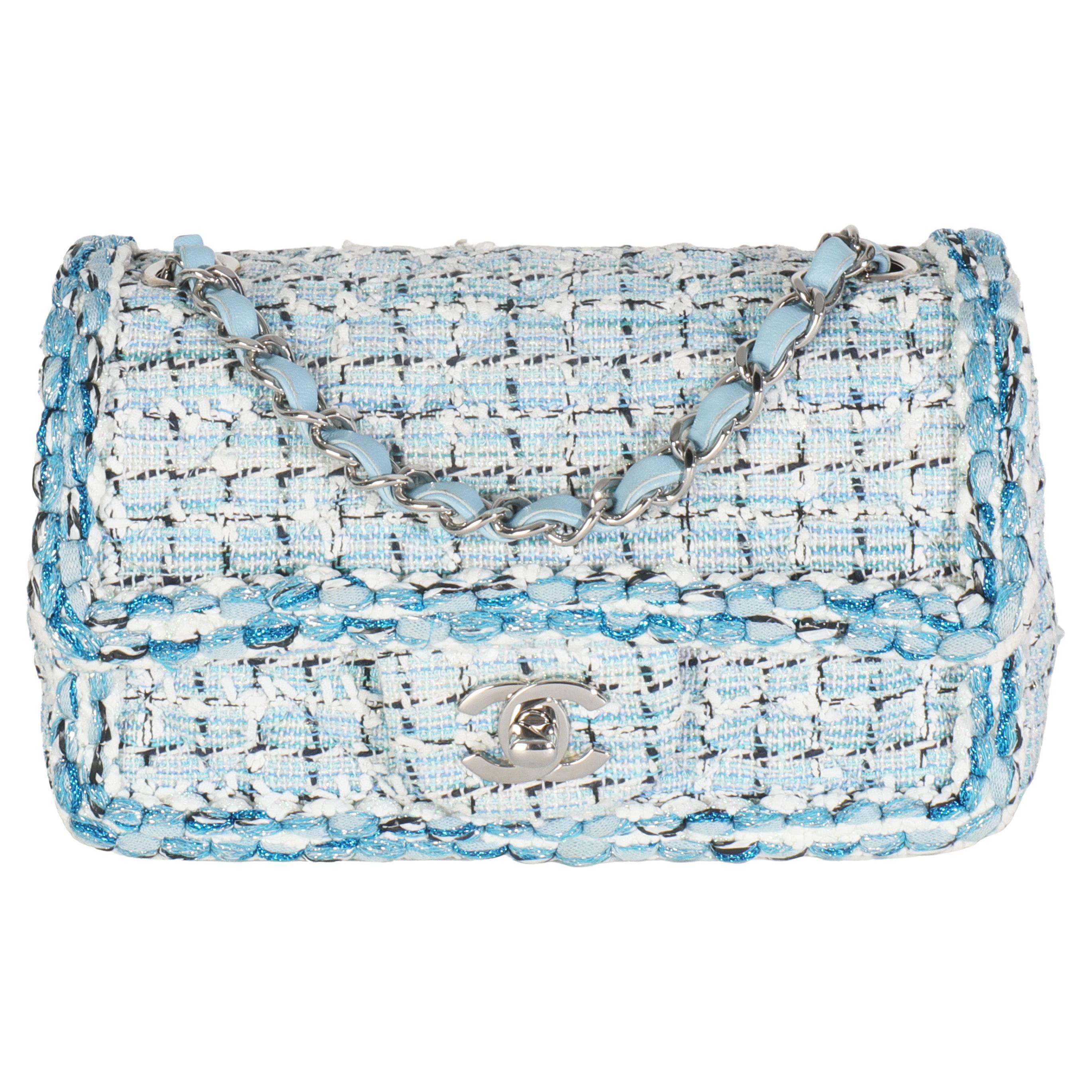 Chanel Blue White Quilted Metallic Tweed Braided Mini Rectangular Flap Bag