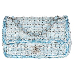 Chanel Blue White Quilted Metallic Tweed Braided Mini Rectangular Flap Bag