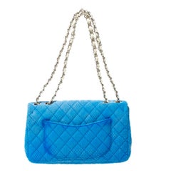 Chanel Blue/White Quilted Perforated Jersey Medium Classic Single Flap Bag