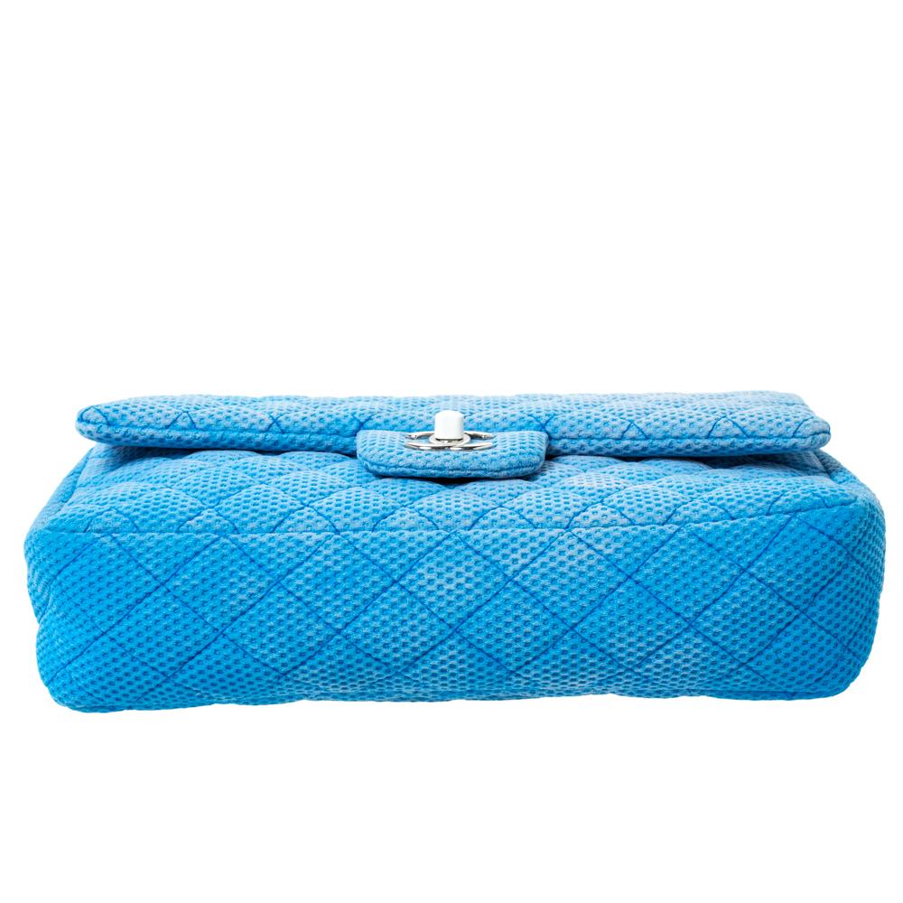 Chanel Blue/White Quilted Perforated Jersey Medium Classic Single Flap Bag In Good Condition In Dubai, Al Qouz 2
