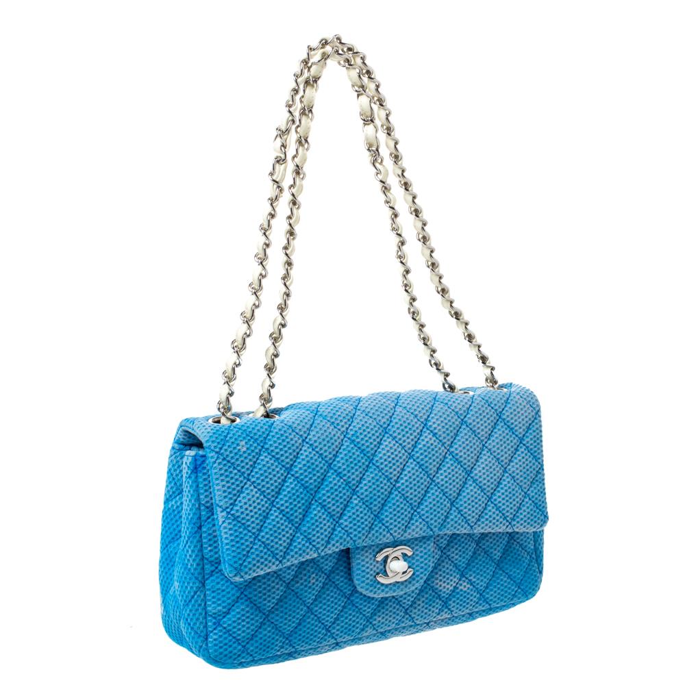 Women's Chanel Blue/White Quilted Perforated Jersey Medium Classic Single Flap Bag