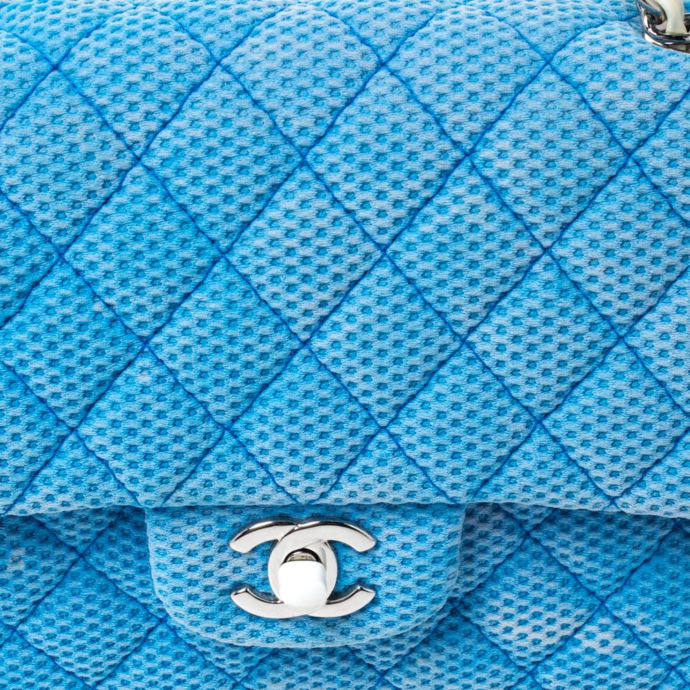 Chanel Blue/White Quilted Perforated Jersey Medium Classic Single Flap Bag 1