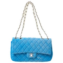 Chanel Blue/White Quilted Perforated Jersey Medium Classic Single Flap Bag