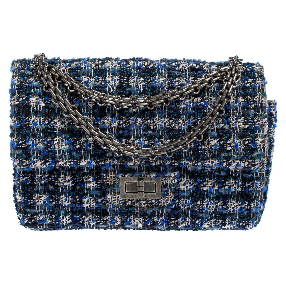 Chanel Blue/White Quilted Tweed Reissue 2.55 Classic 224 Flap Bag