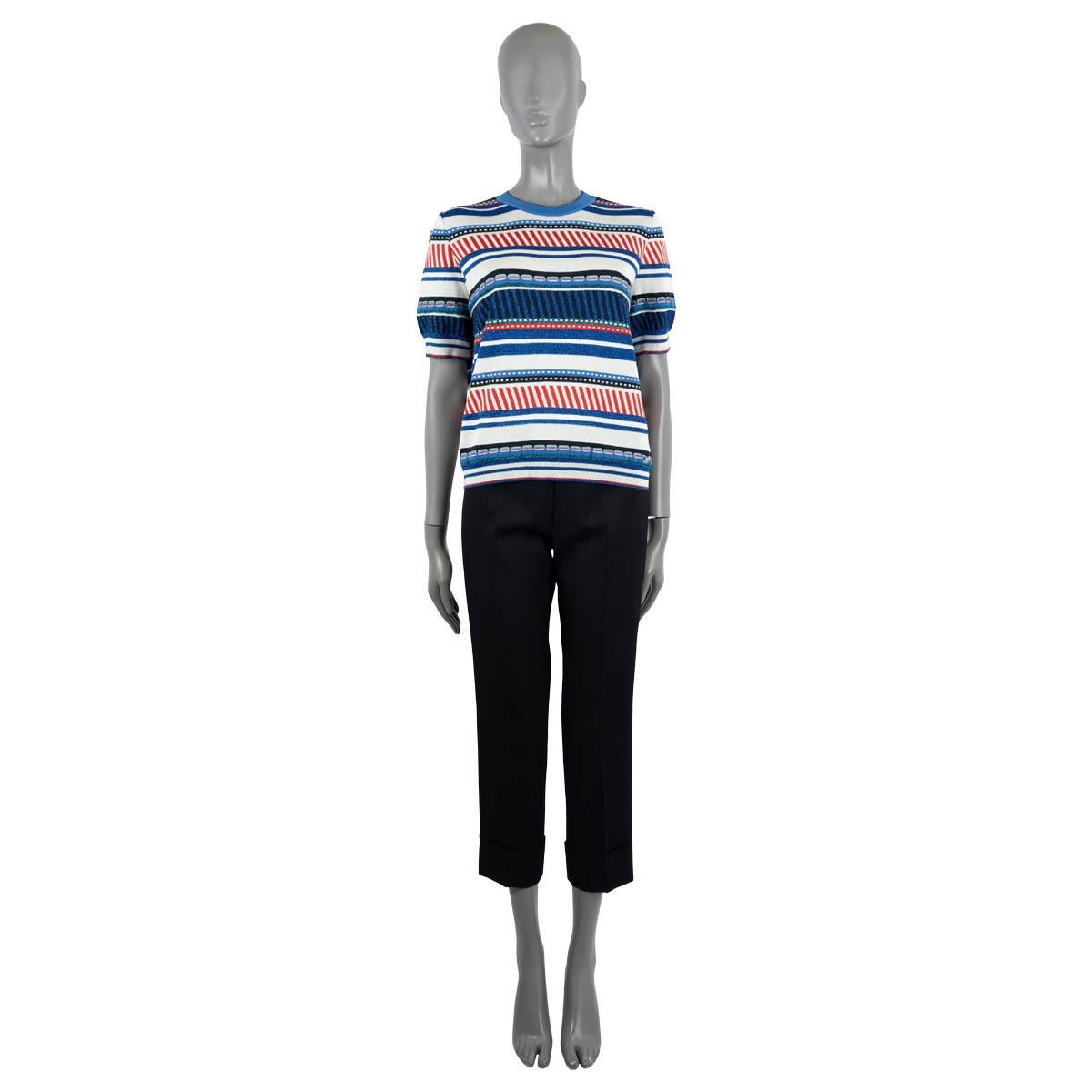 100% authentic Chanel lurex striped knit t-shirt in blue, white, red and black silk (48%), metal (16%), polyamide (12%), polyester (12%), cotton (6%) and linen (6%). Excellent condition.

2016 Spring/Summer

Measurements
Model	Chanel16S P54036