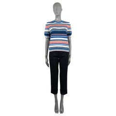 CHANEL blue white red black silk 2016 16S STRIPED KNIT T-Shirt Shirt 42 L