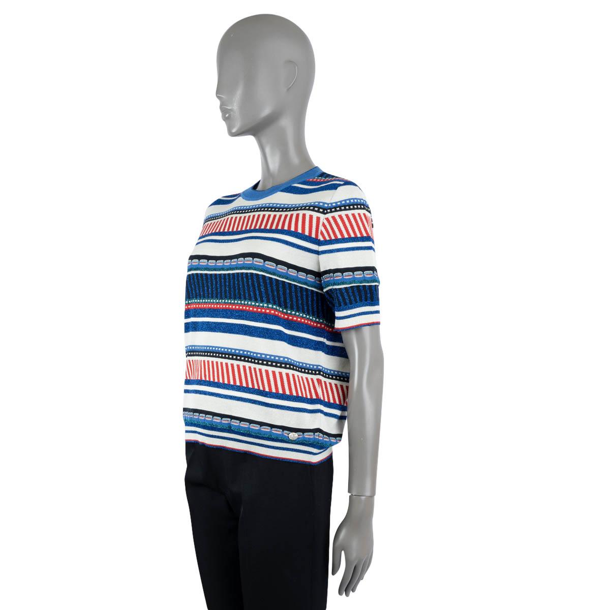CHANEL blue white red black silk 2016 16S STRIPED KNIT T-Shirt Shirt 42 L 1