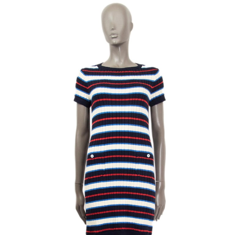 CHANEL blue white red STRIPED cotton Short Sleeve Knit Dress 38 S at 1stDibs