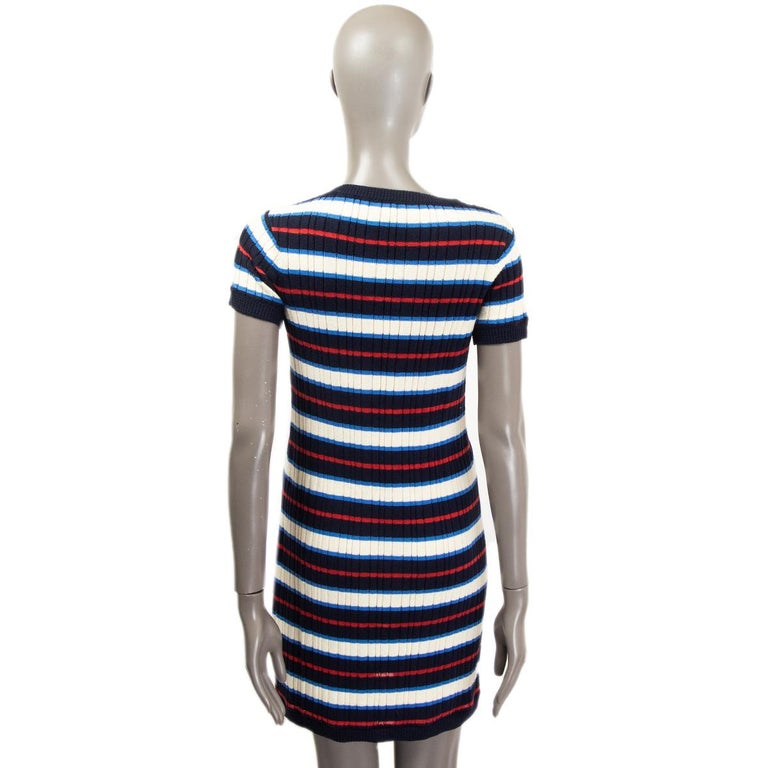 CHANEL blue white red STRIPED cotton Short Sleeve Knit Dress 38 S at 1stDibs