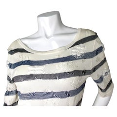 Chanel Blue & White Striped Cotton Knit Dress With Embroidered Camellia Flowers
