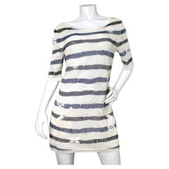 Chanel Blue & White Striped Cotton Knit Dress With Embroidered Camellia Flowers