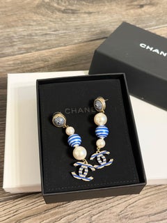 Chanel Blue & White Stripes Pearl Drop CC Dangle Earrings