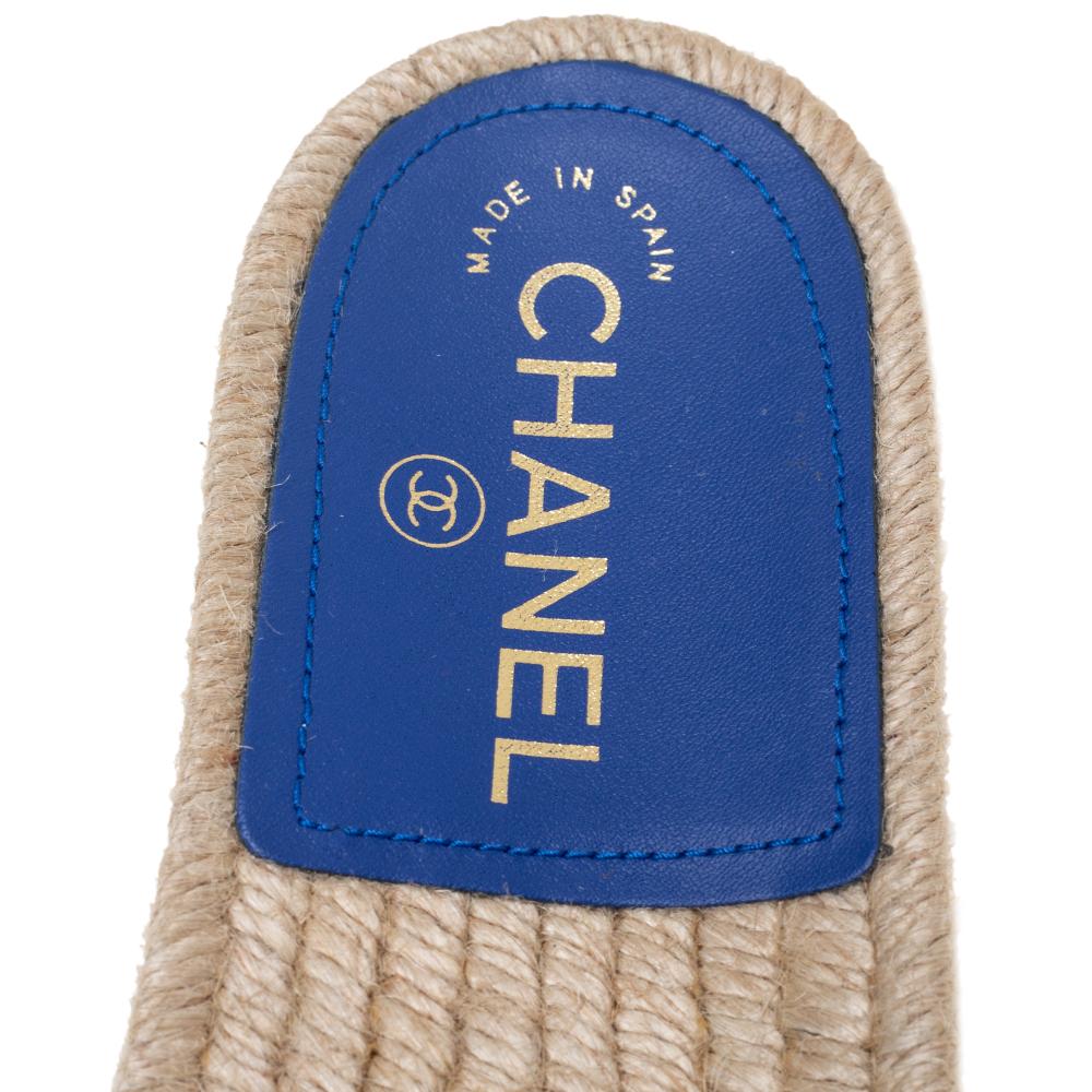Women's Chanel Blue/White Tweed Fabric CC Espadrille Flats Size 37