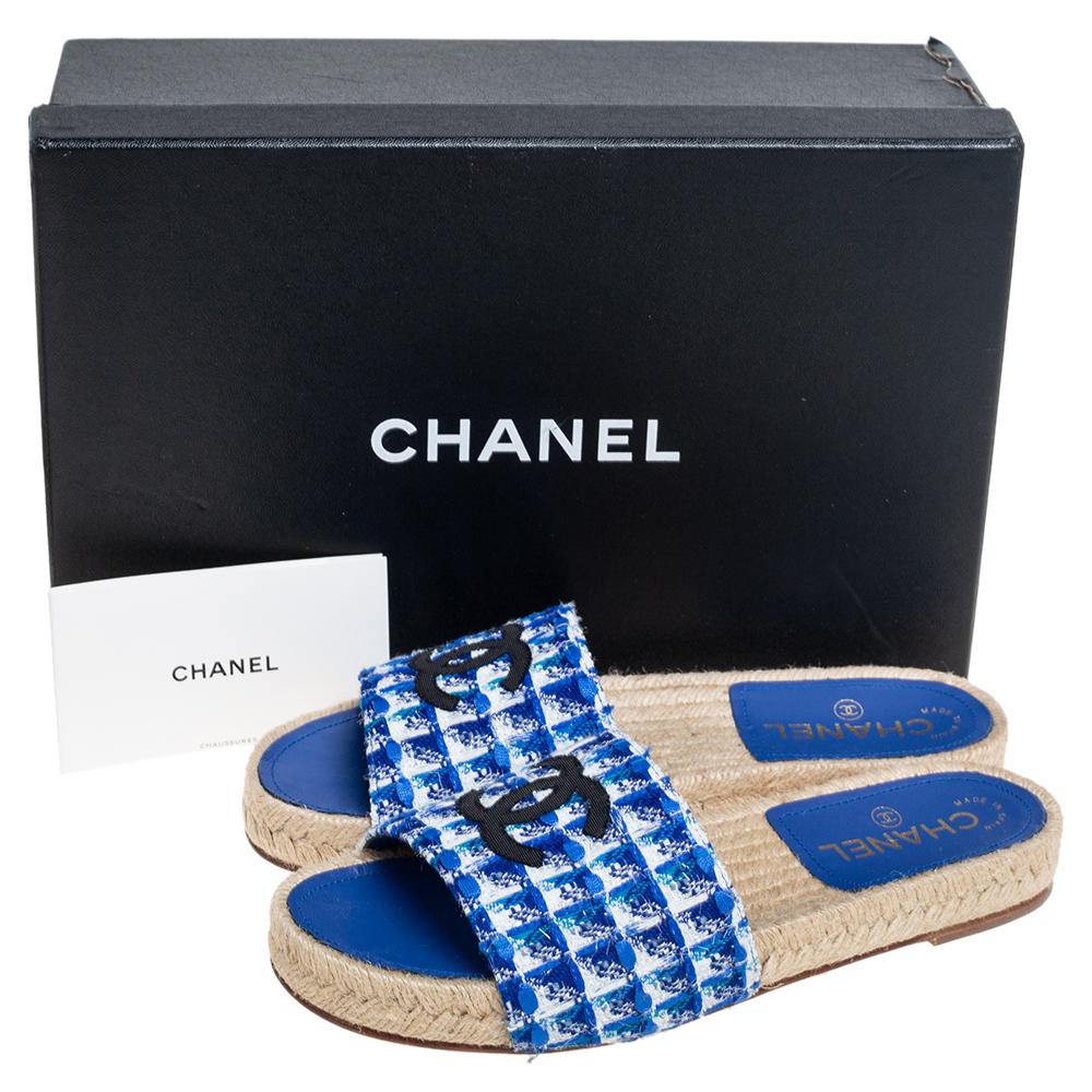 Chanel Blue/White Tweed Fabric CC Espadrille Flats Size 37 2