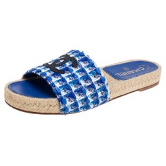 Chanel Blue/White Tweed Fabric CC Espadrille Flats Size 37