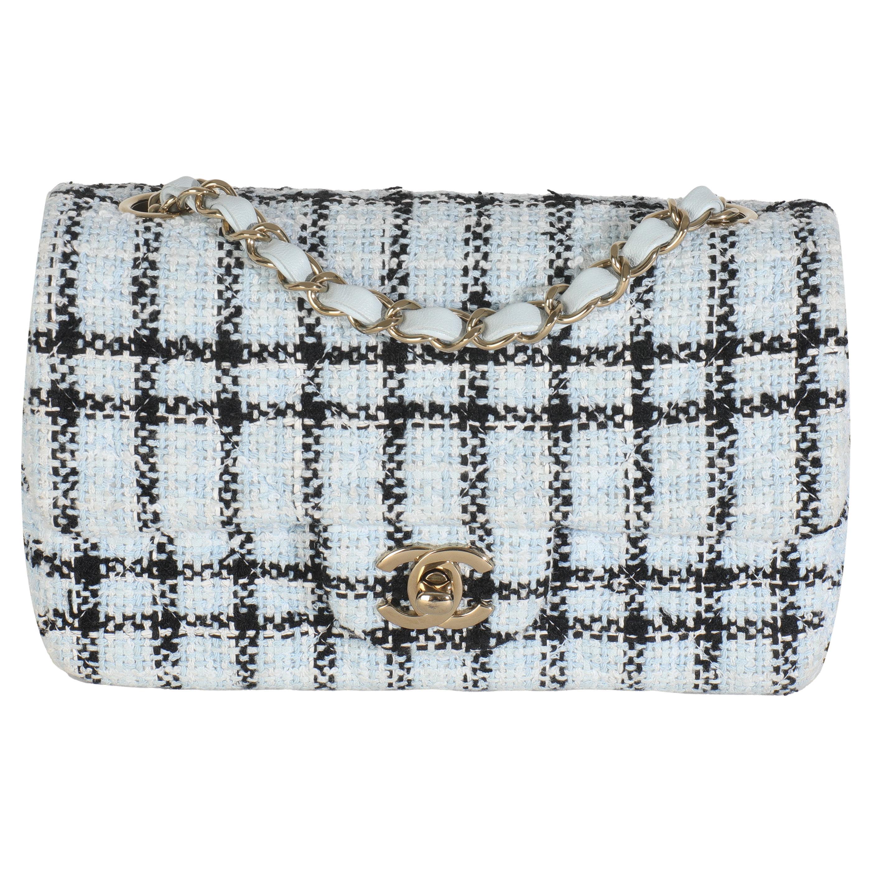 Chanel Blue White Tweed Quilted Mini Rectangular Flap Bag