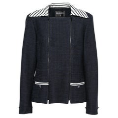 Chanel Blue & White Tweed Stripe Detail Zip Front Jacket L