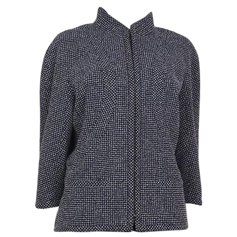 CHANEL blue white wool Tweed 3/4 Sleeve Blazer Jacket 48 XXXL For Sale