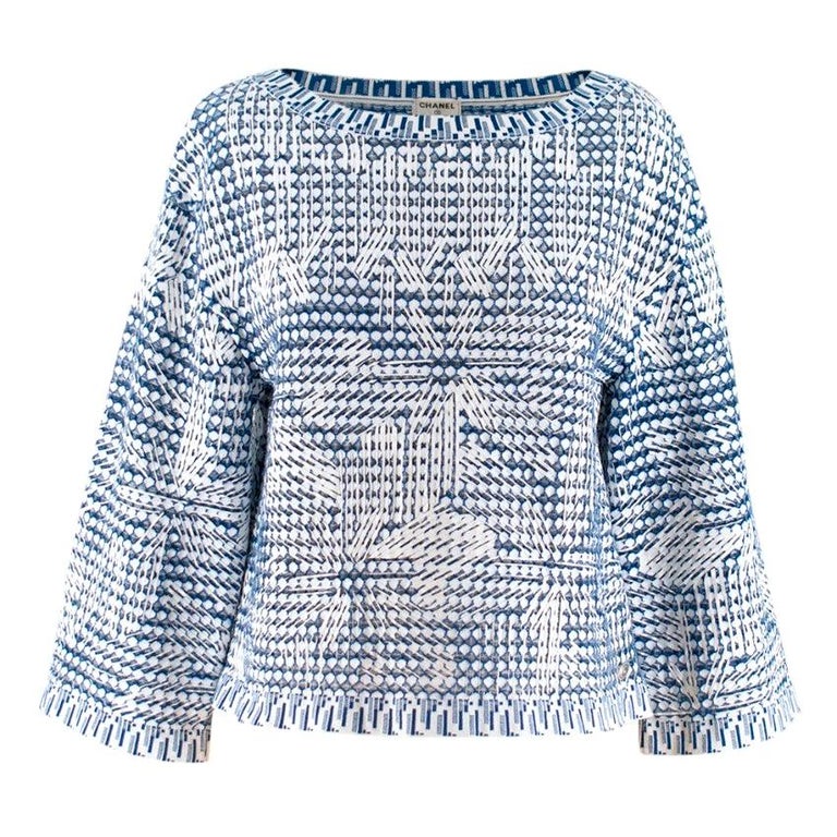 Chanel Blue and White Woven Oversize Boxy Top XS 36 For Sale at 1stdibs