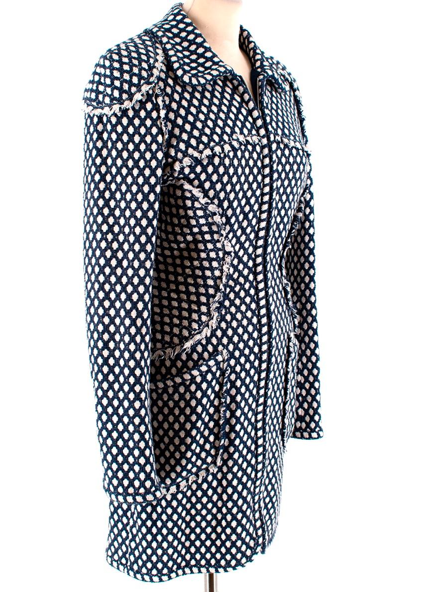 Chanel Blue Tweed Coat with Quilted Panels

-Signature soft tweed fabric
-Gorgeous blue and white geometric pattern 
-Zip fastening to the front 
-Quilted panels to the shoulders and waist 
-Fringe details to the seams 
-Luxurious navy silk lining,