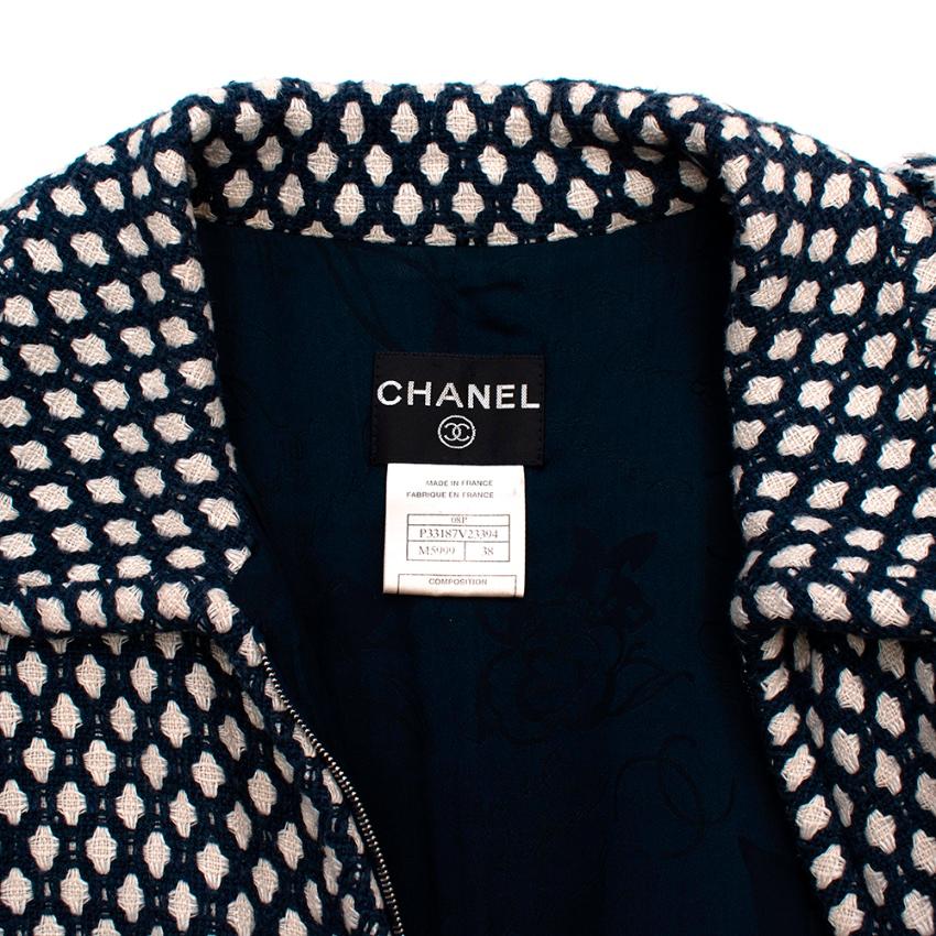 Chanel Blue & White Woven Tweed Classic Coat - Size US6 In Excellent Condition For Sale In London, GB
