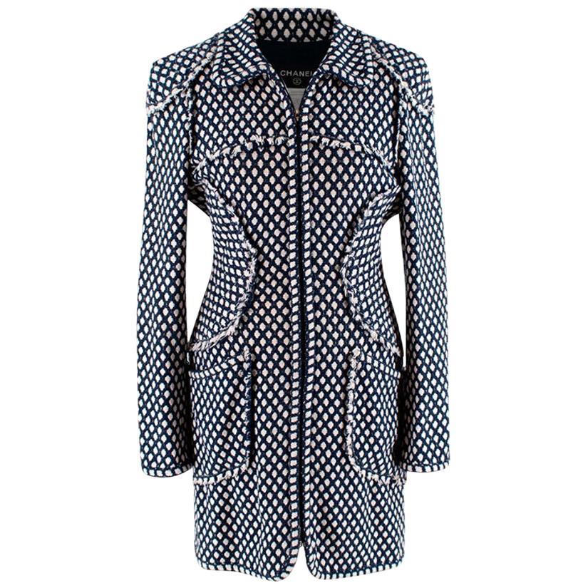 Chanel Blue & White Woven Tweed Classic Coat - Size US6 For Sale